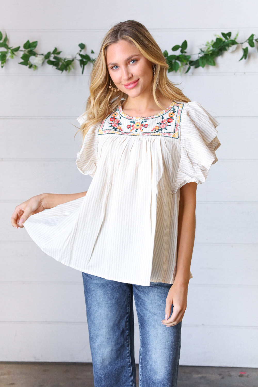 Cream Stripe Floral Embroidered Yoke Top