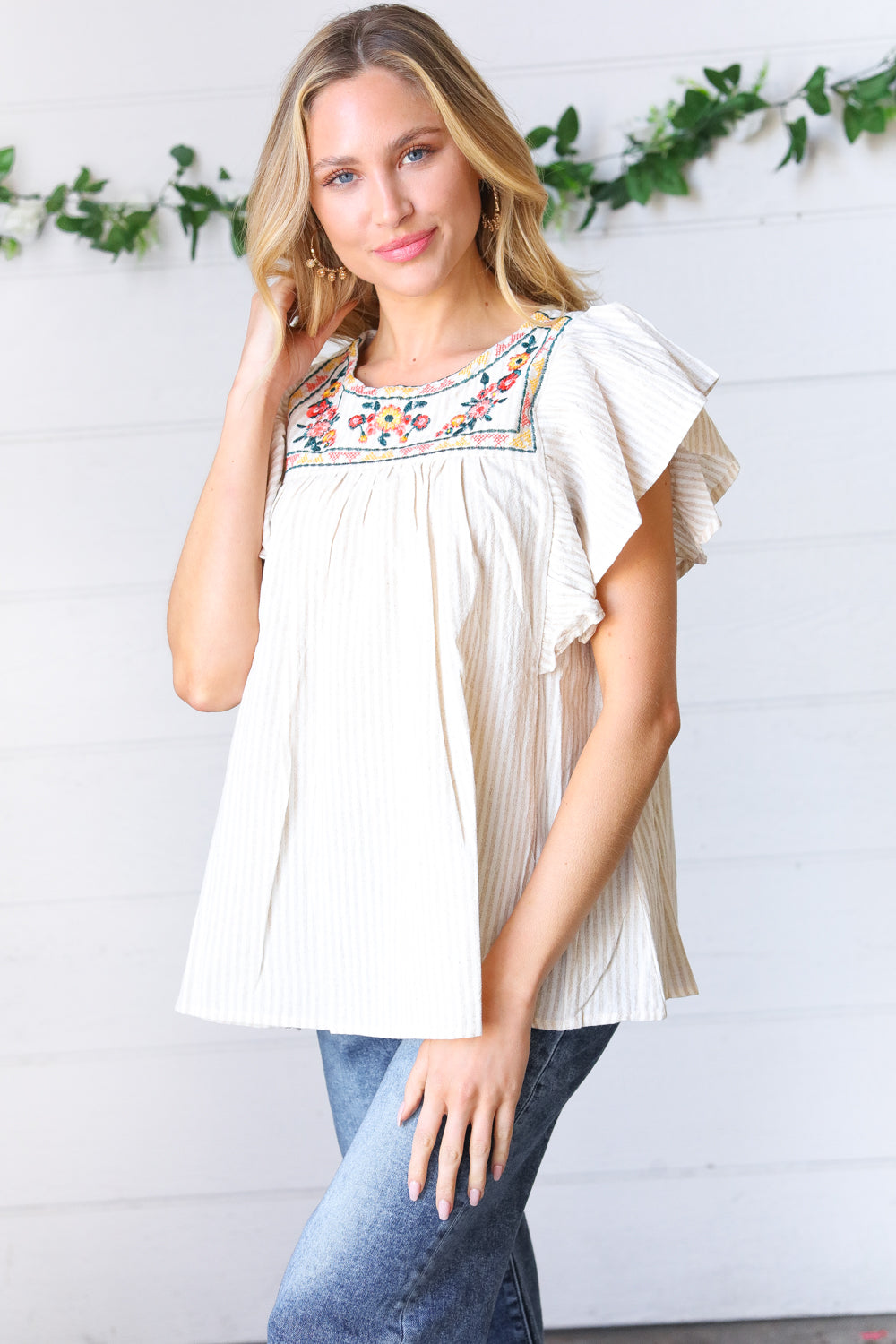 Cream Stripe Floral Embroidered Yoke Top