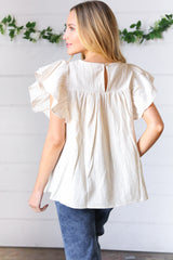 Cream Stripe Floral Embroidered Yoke Top