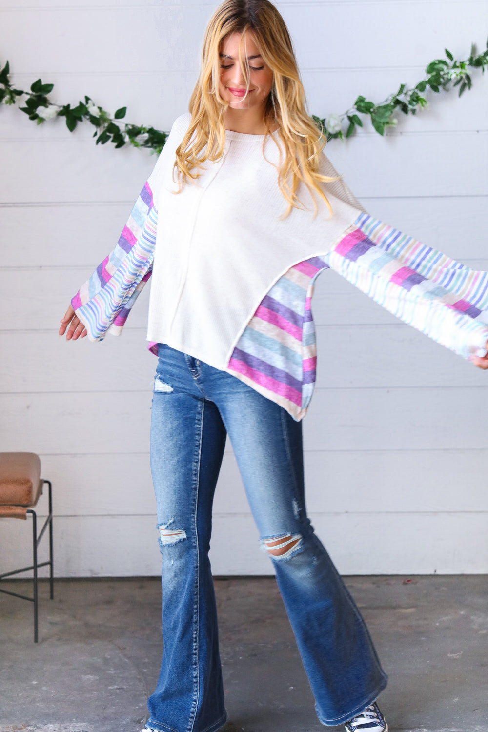 Ivory Slub Rib Thermal Multicolor Stripe Bell Sleeve Top