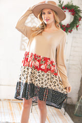 Taupe Floral & Leopard Print Tiered Pocketed Mid Dress