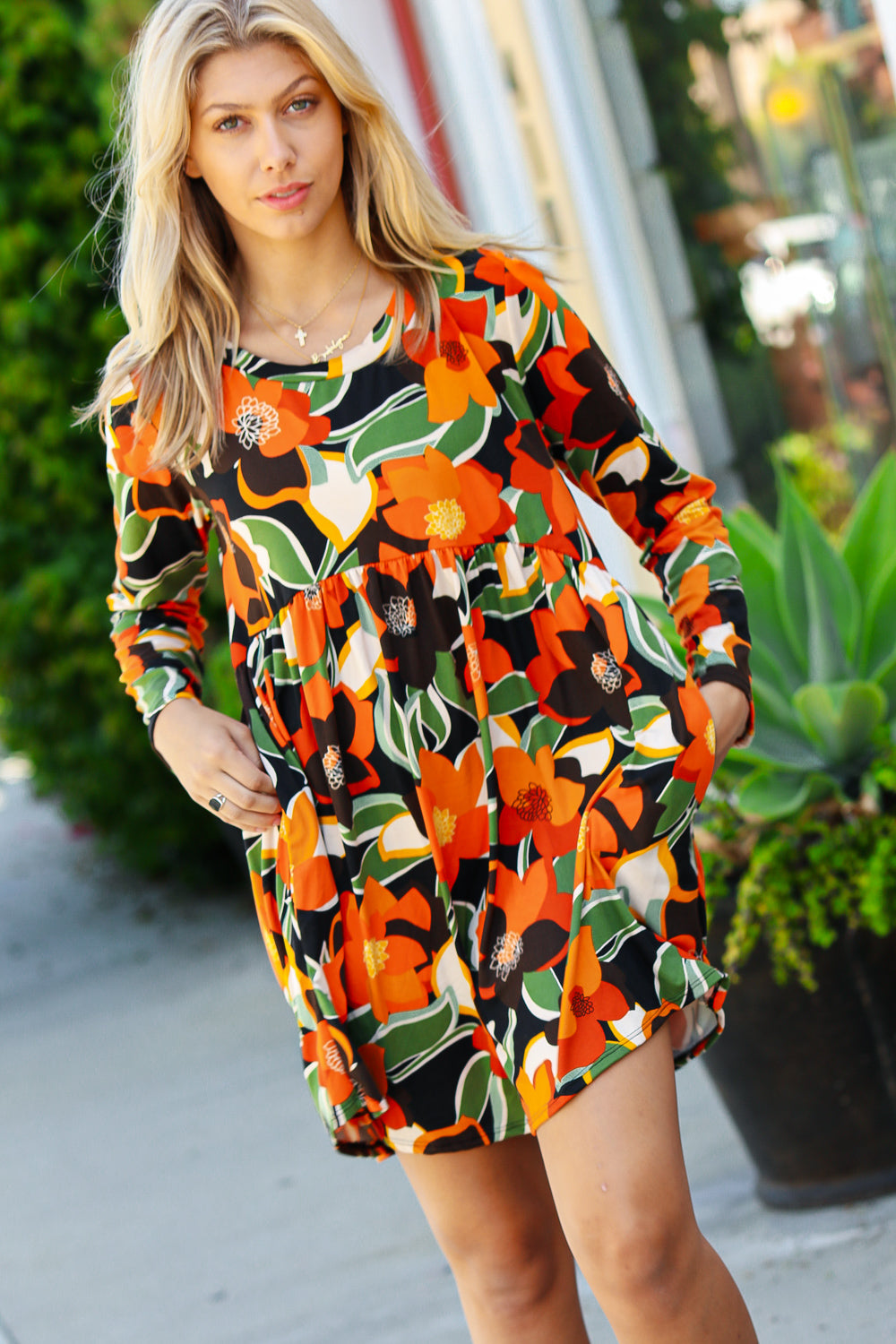 Orange & Olive Floral Long Sleeve Babydoll Dress