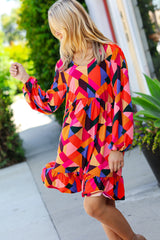 Living Out Loud Sepia & Magenta Geo Ruffle Dress