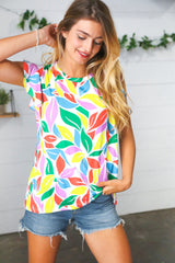 Green & Yellow Floral Leaf Flutter Sleeve Top