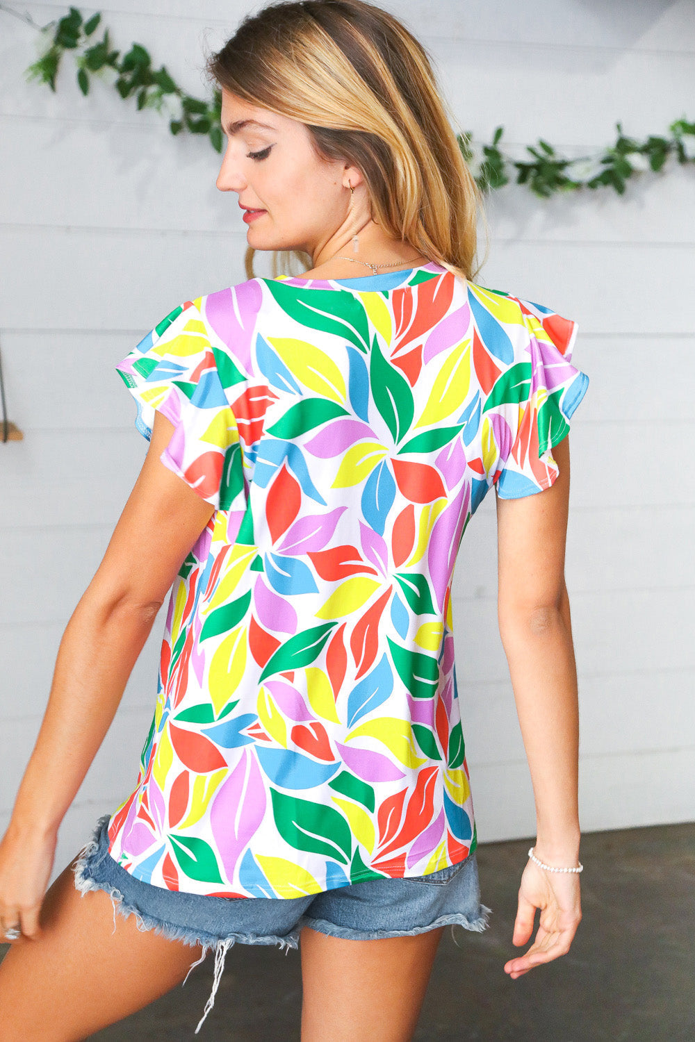 Green & Yellow Floral Leaf Flutter Sleeve Top