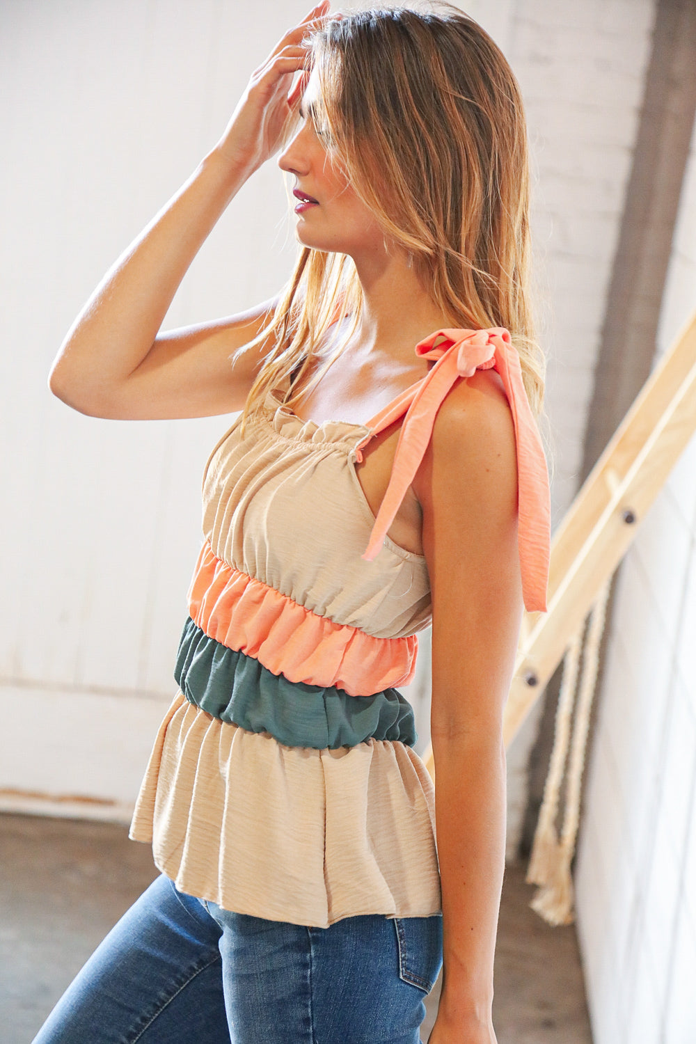 Amicg Tie Knot Shoulder Detail Color Block Top