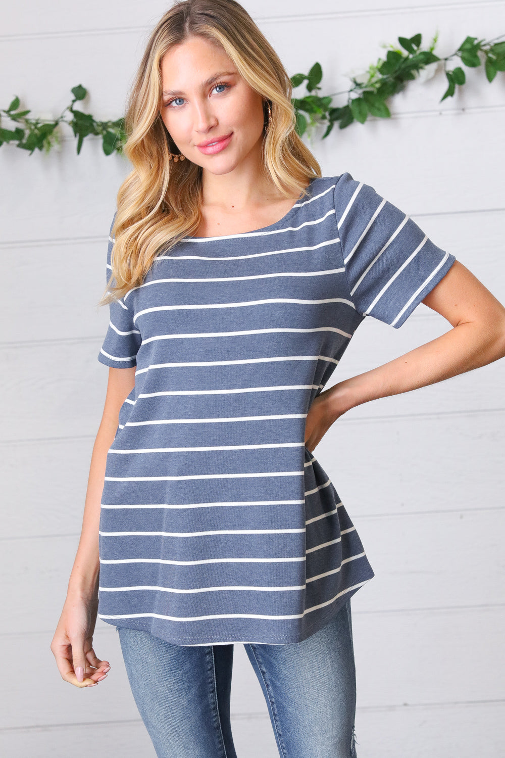 Blue Stripe V Back Crochet Detail Top