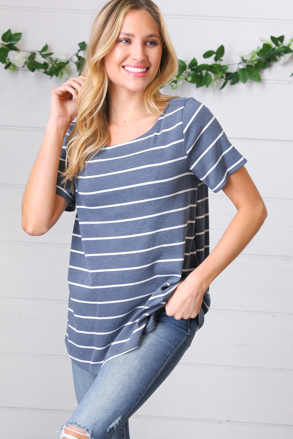 Blue Stripe V Back Crochet Detail Top