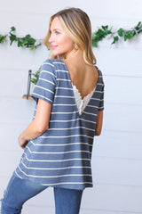 Blue Stripe V Back Crochet Detail Top