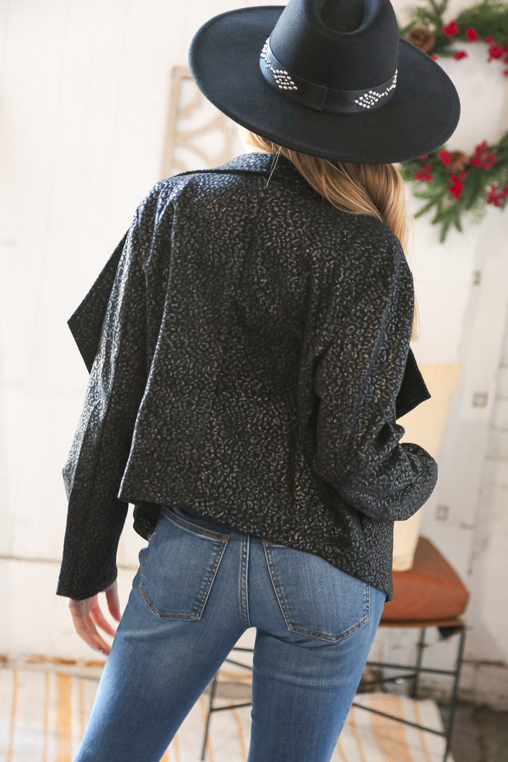 Black Holiday Matte Foiled Cheetah Print Blazer Jacket