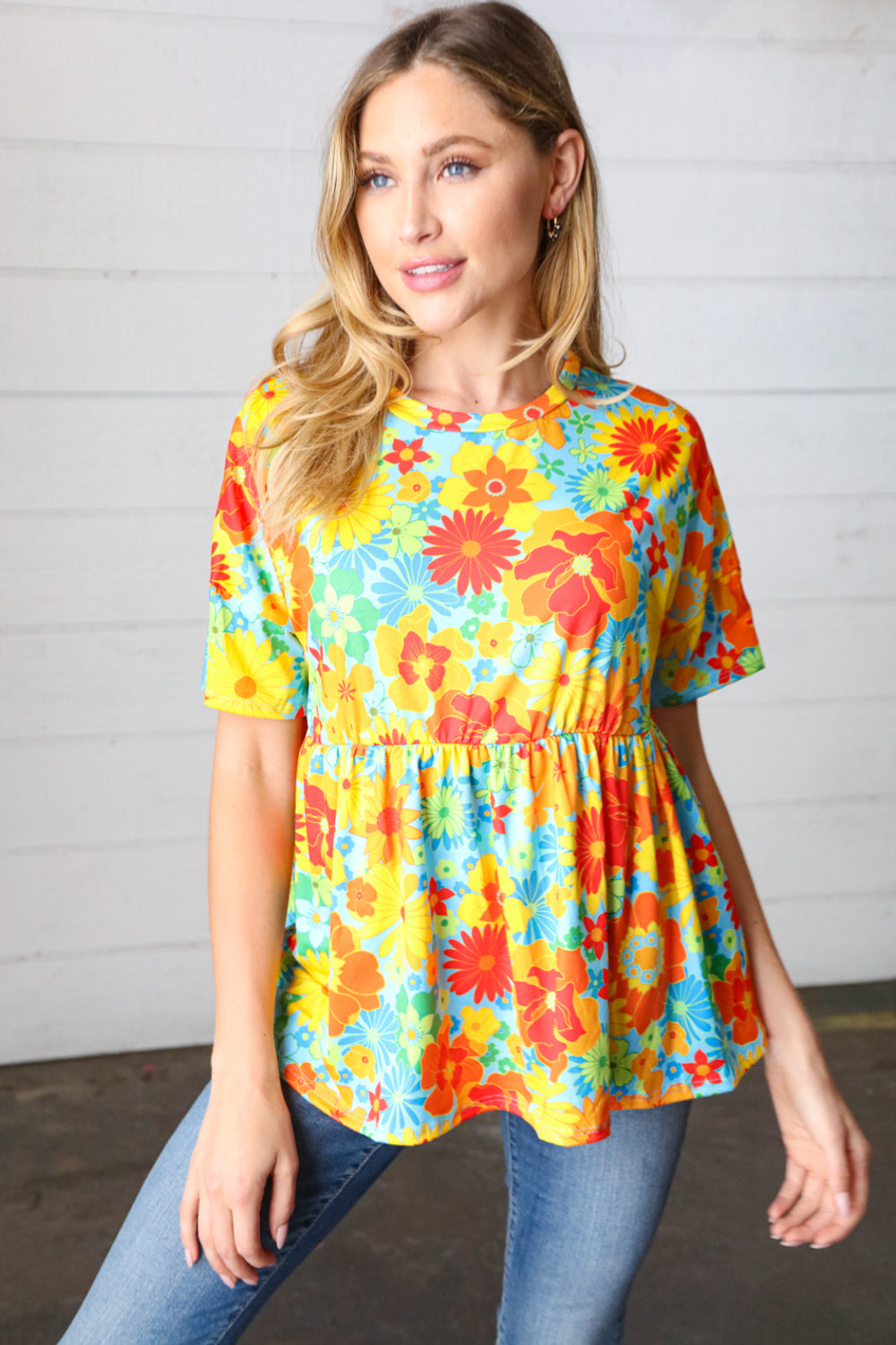 Yellow & Red Retro Floral Babydoll Top