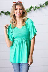 Solid Mint Smocked Woven Flutter Sleeve Top