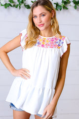 Ivory Floral Embroidery Print Ruffle Sleeve Yoke Top