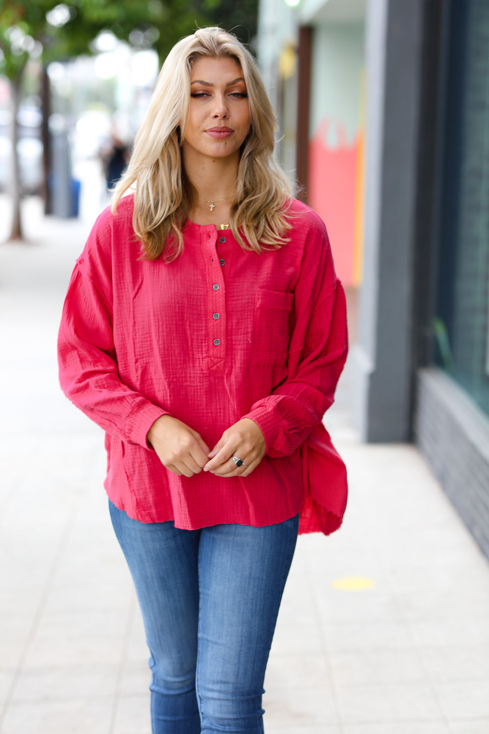 Magenta Gauze & Waffle Henley Oversized Top