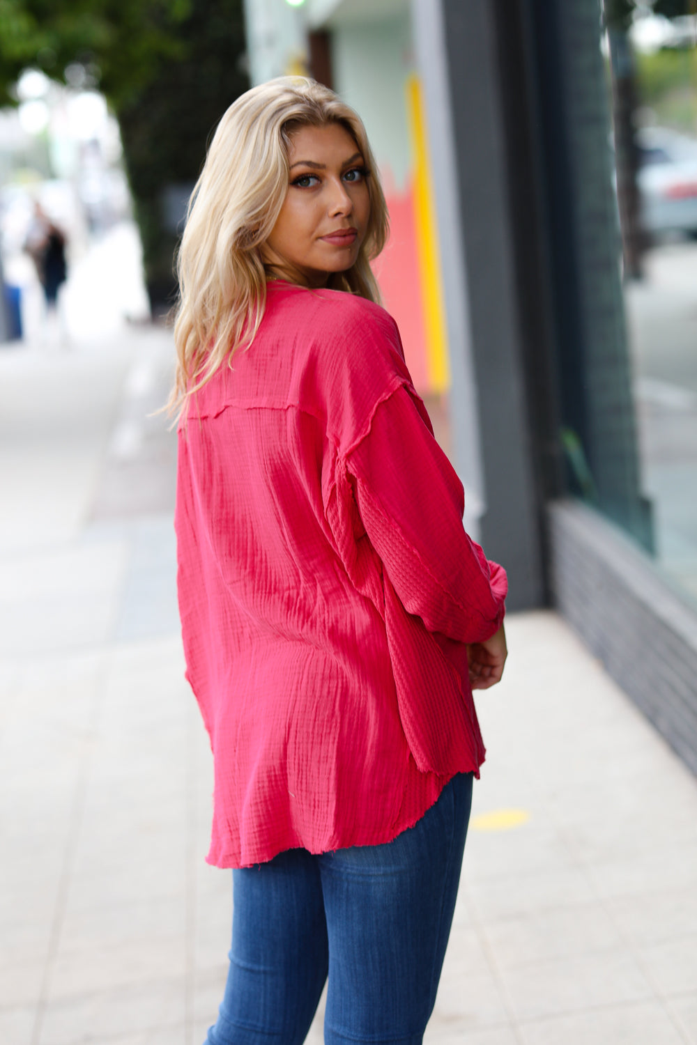 Magenta Gauze & Waffle Henley Oversized Top