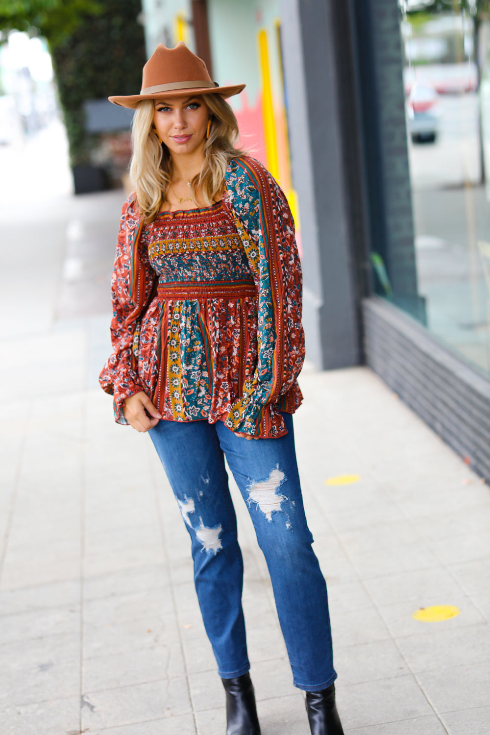 Teal & Rust Smocked Floral Ruffle Hem Top