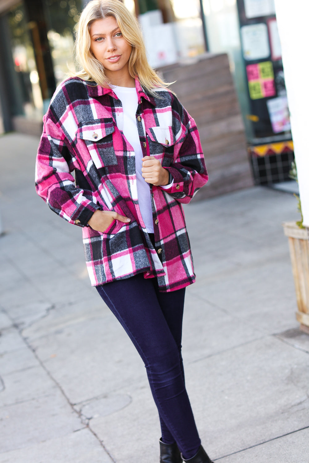 Sassy Fuchsia Plaid Flannel Button Down Shacket