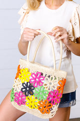 Multicolor Flower Power Woven Straw Crochet Tote