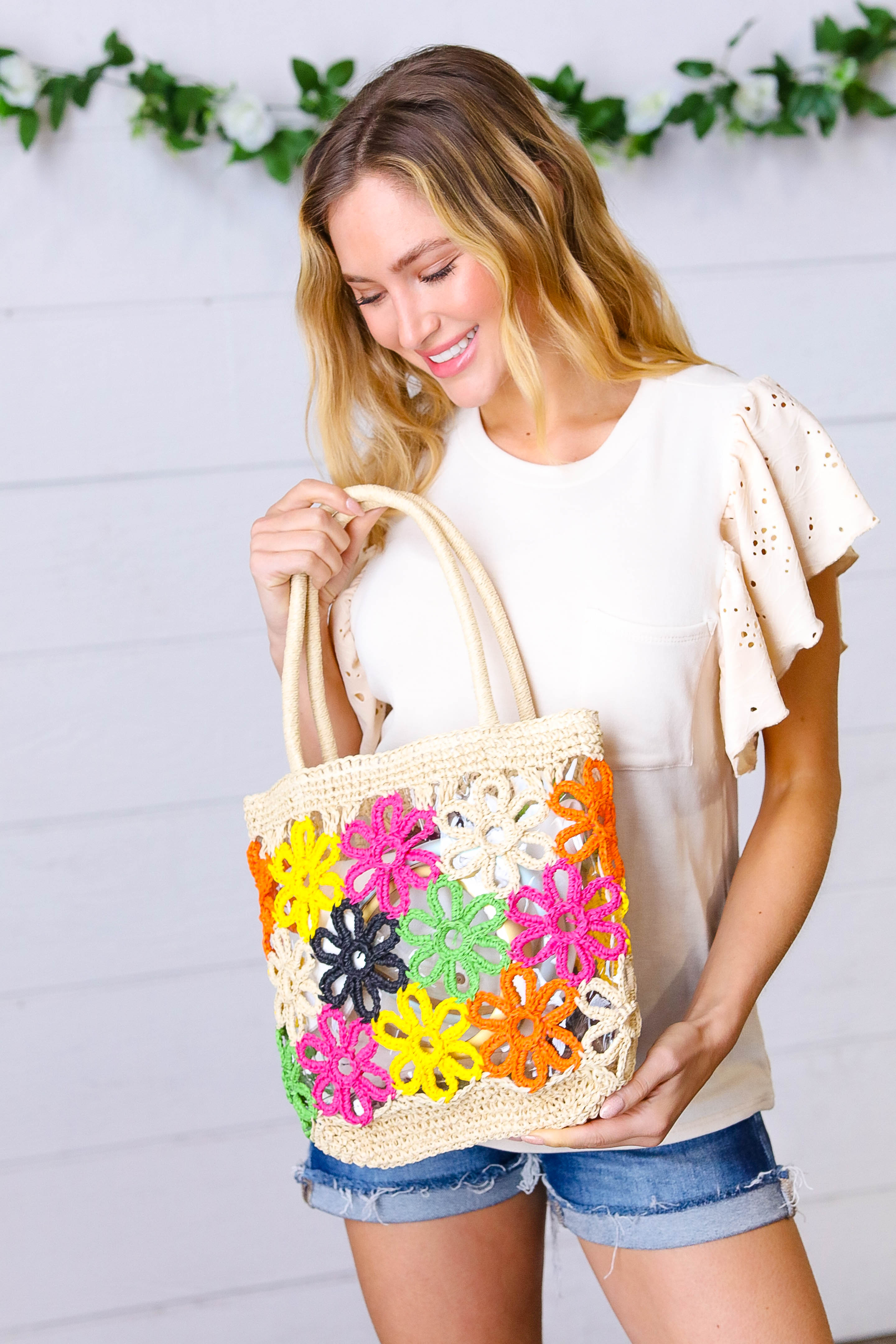 Multicolor Flower Power Woven Straw Crochet Tote