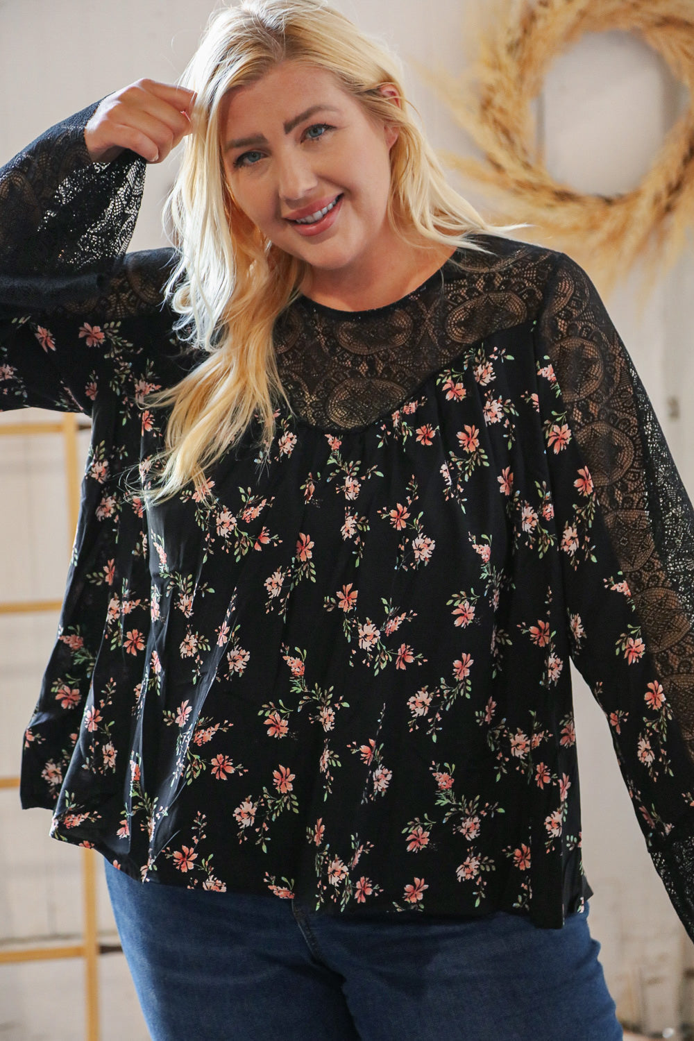 Black Floral Lace Color Block Bell Sleeve Blouse