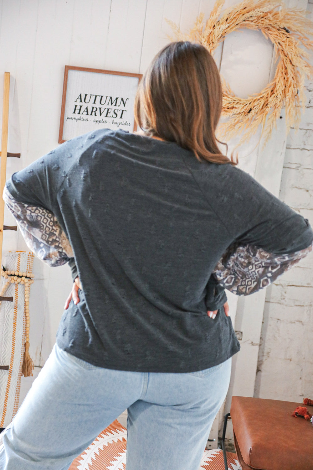 Grey Distressed Twofer Ethnic Thumbhole Top