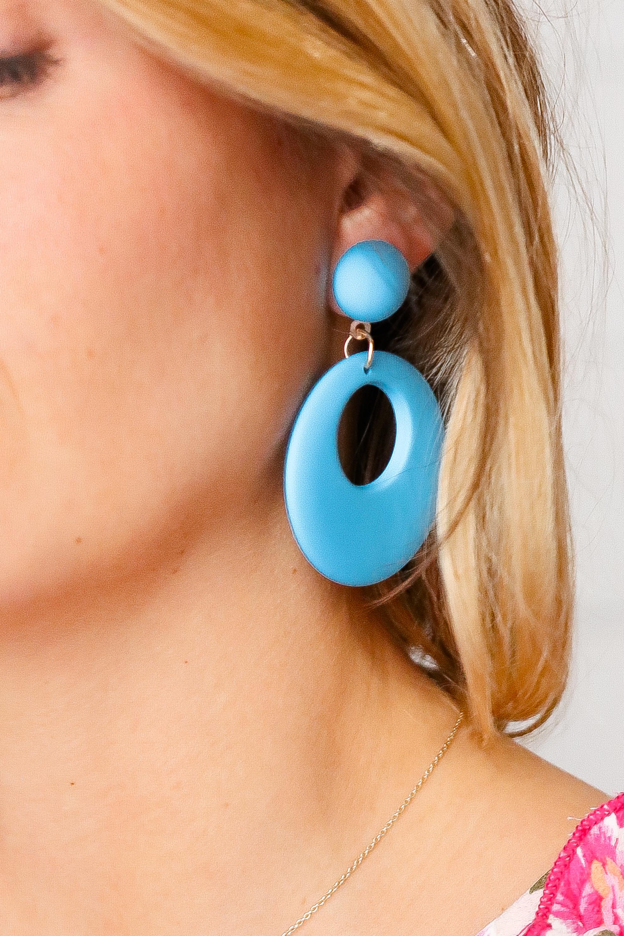 Power Blue Retro Open Circle Resin Dangle Earrings