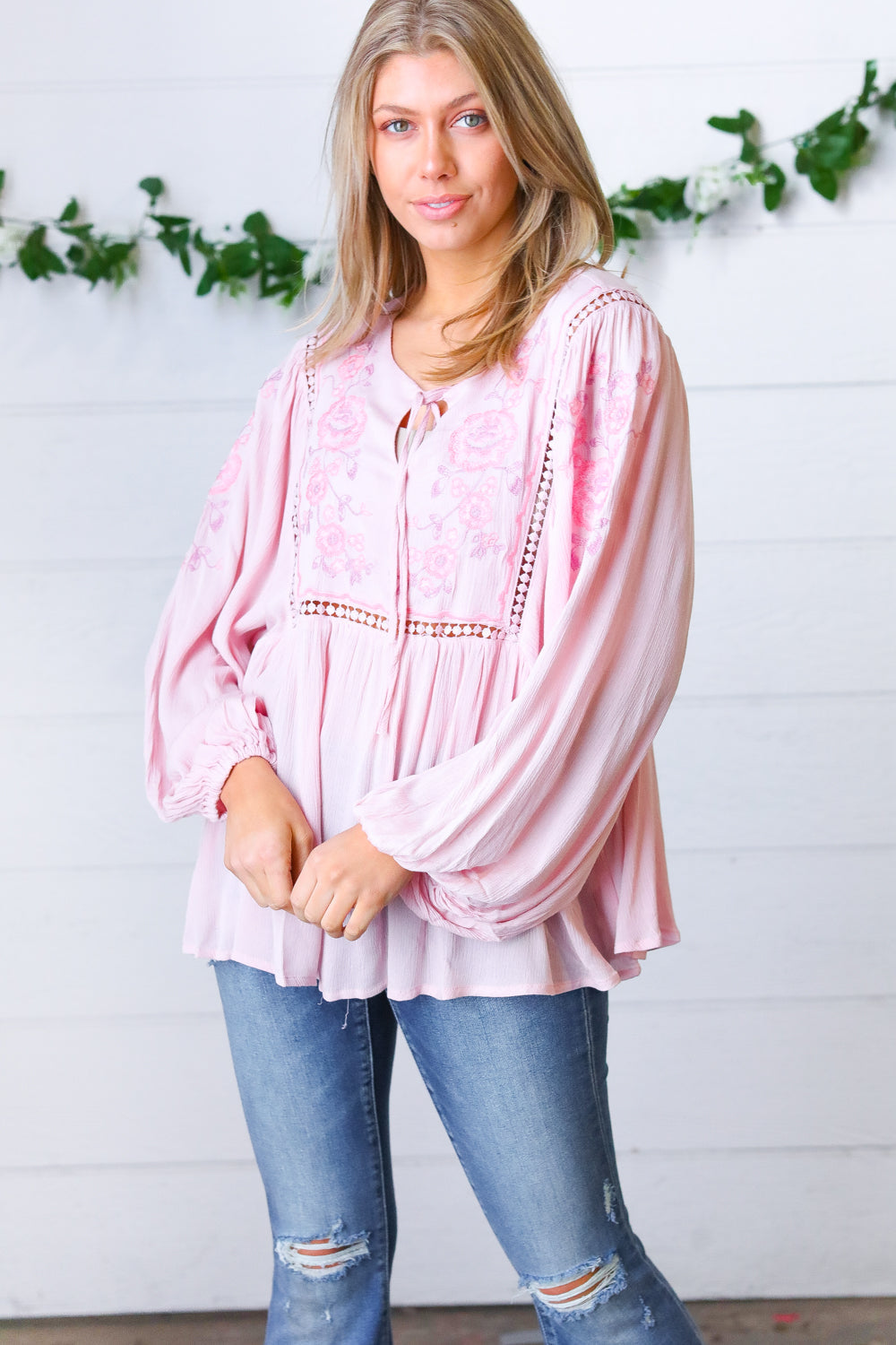 Blush Embroidered Tie String Peasant Top