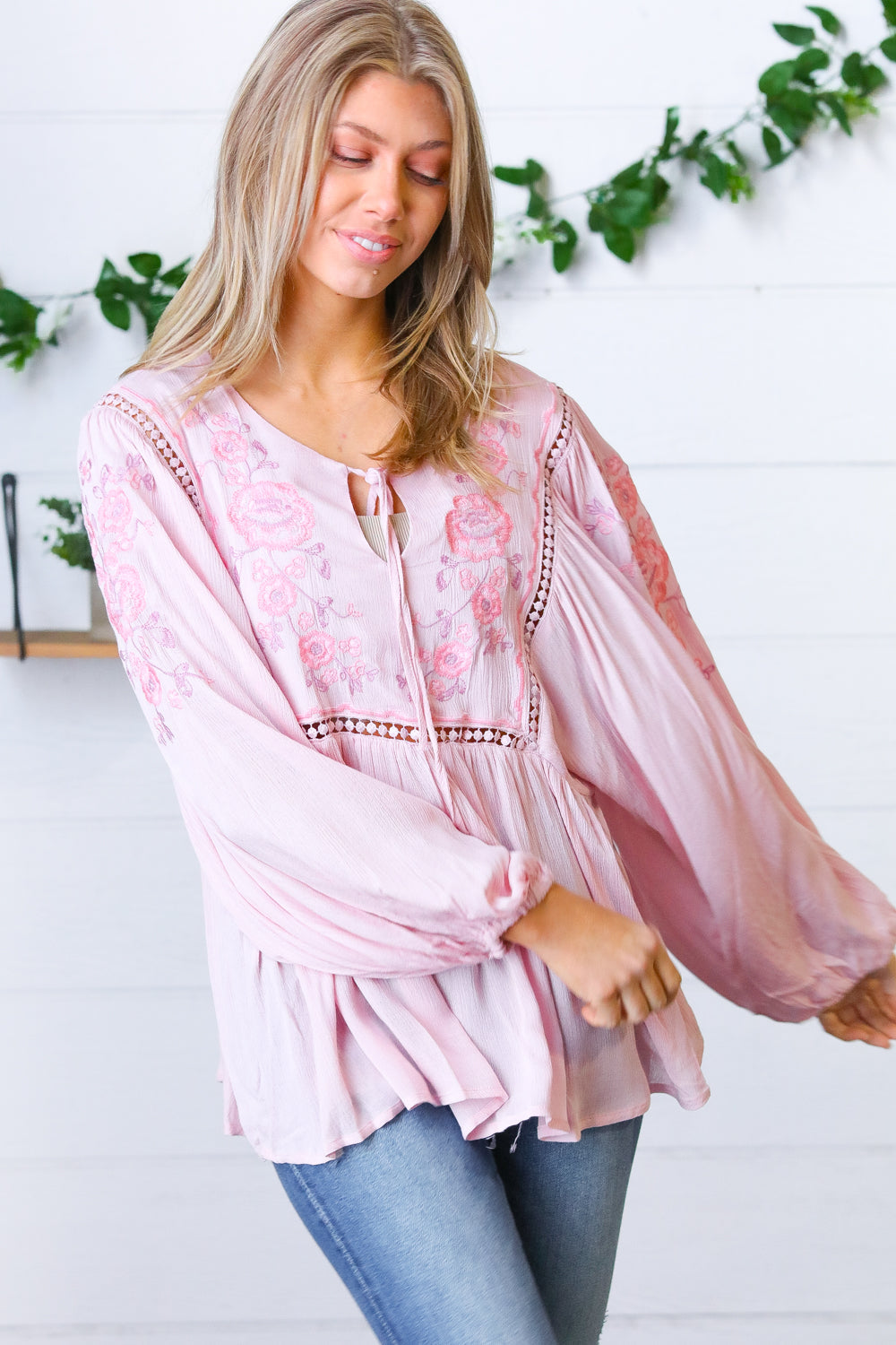 Blush Embroidered Tie String Peasant Top