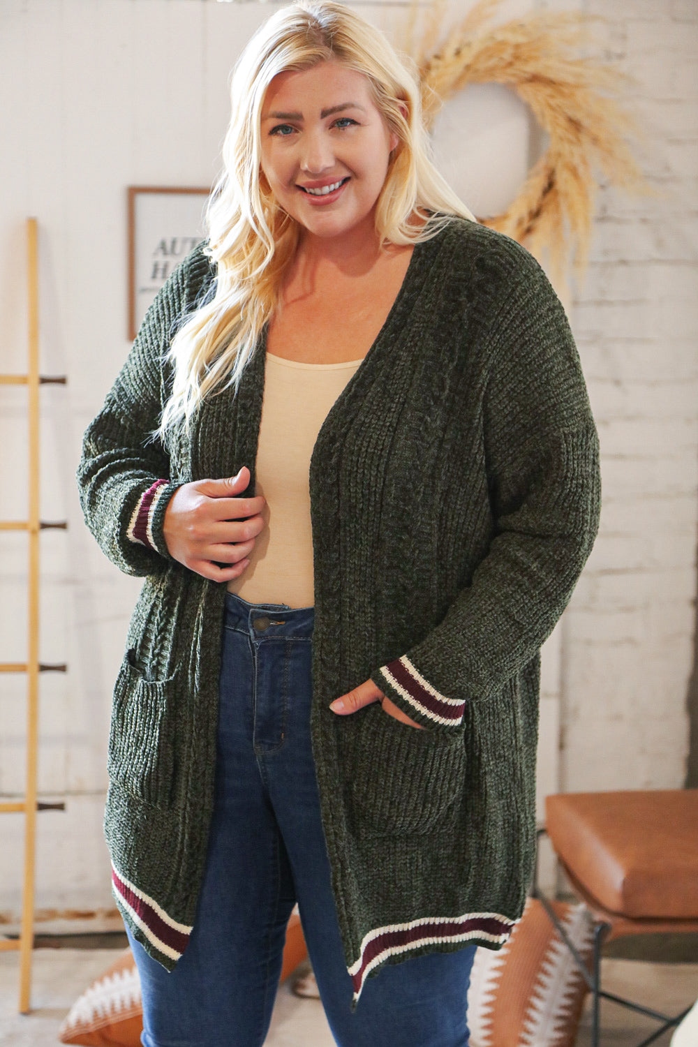 Forest Green Chenille Velvet Open Pocket Cardigan