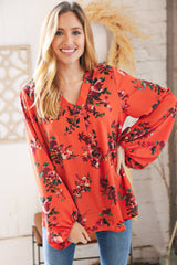 Sunset Floral V Neck Wool Dobby Top