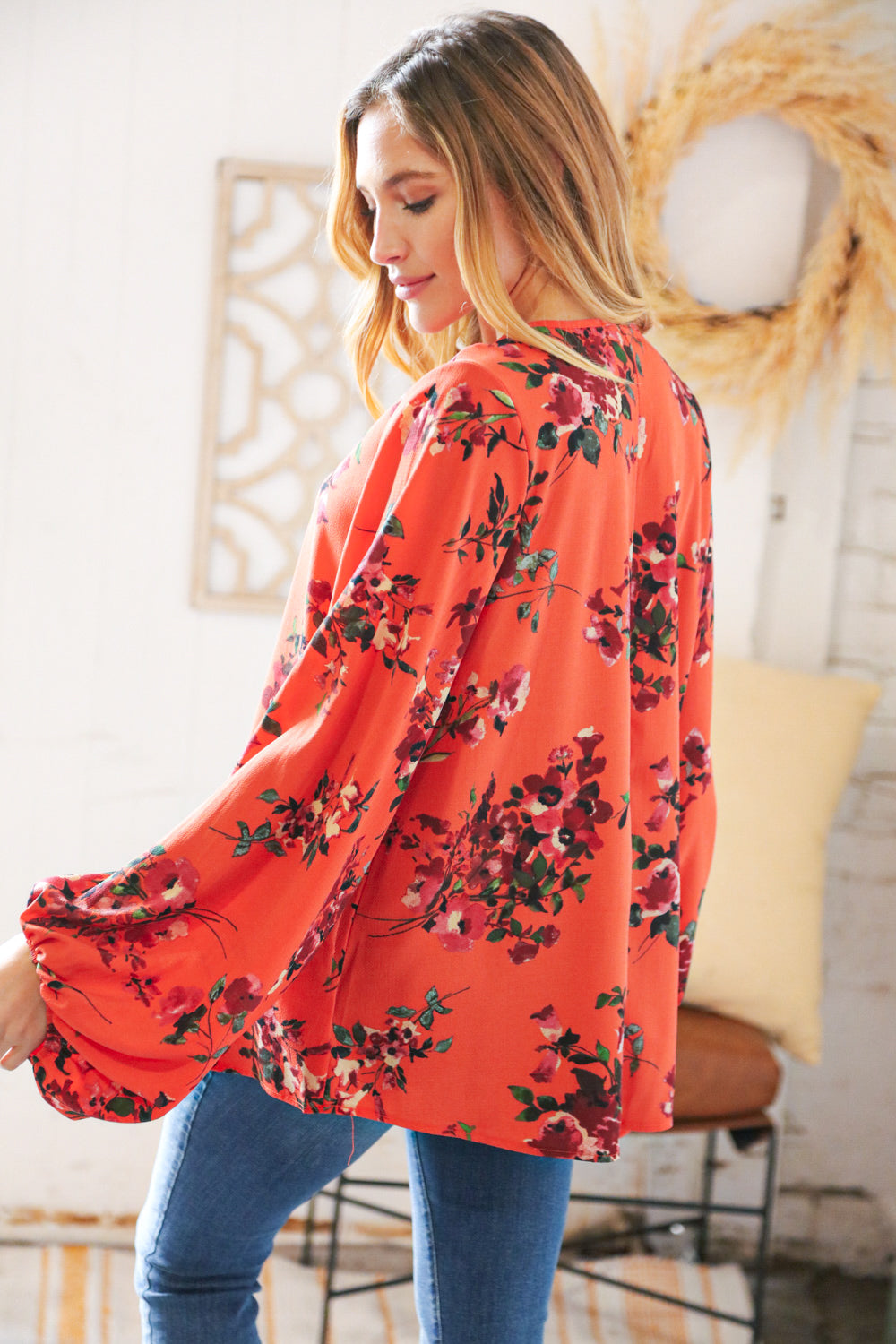 Sunset Floral V Neck Wool Dobby Top