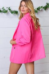 Fuchsia Notched Lapel Ruched Sleeve Blazer