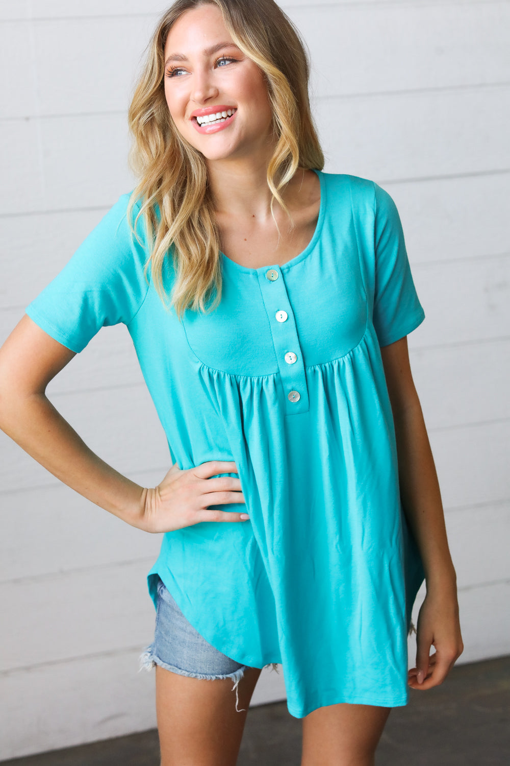 Sky Blue Dolphin Hem Amicg Button Down Top