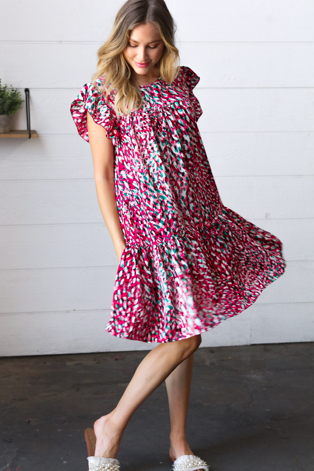 Fuchsia & Teal Abstract Dot Yoke Woven Dress