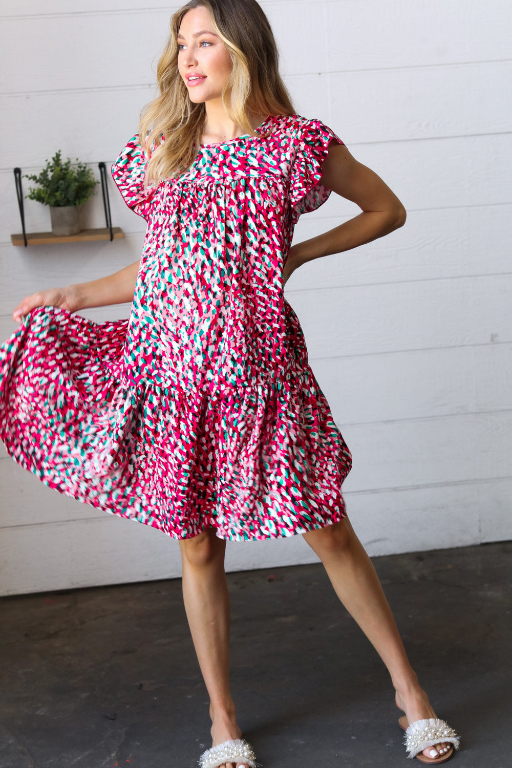 Fuchsia & Teal Abstract Dot Yoke Woven Dress