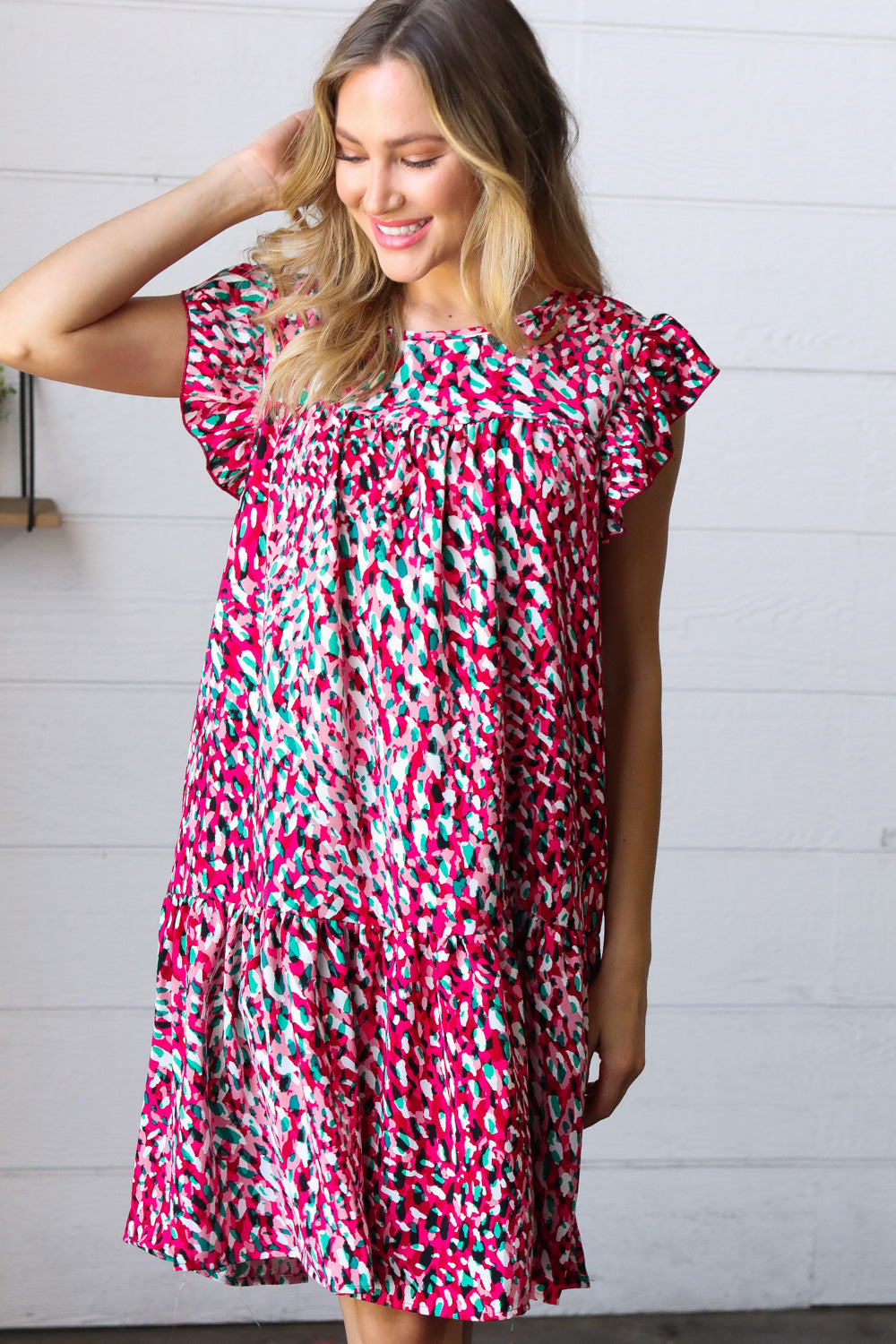 Fuchsia & Teal Abstract Dot Yoke Woven Dress