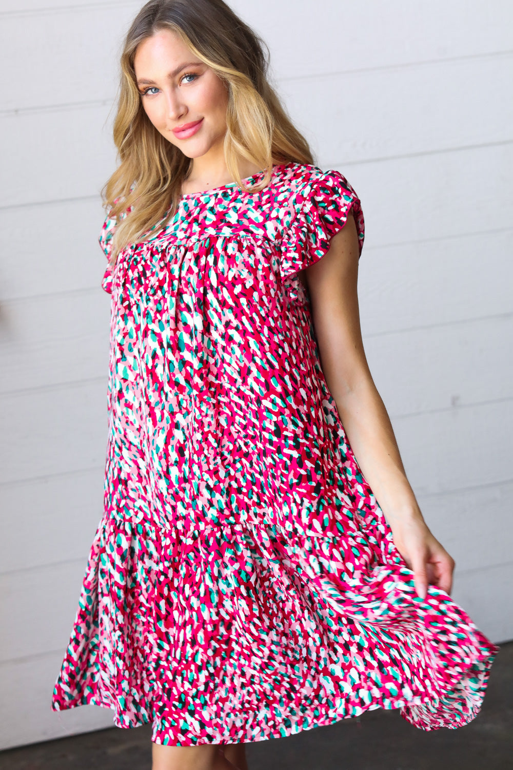 Fuchsia & Teal Abstract Dot Yoke Woven Dress