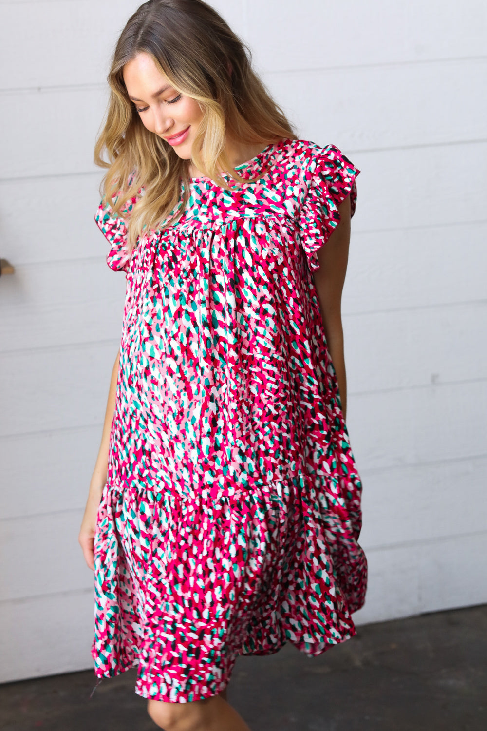 Fuchsia & Teal Abstract Dot Yoke Woven Dress