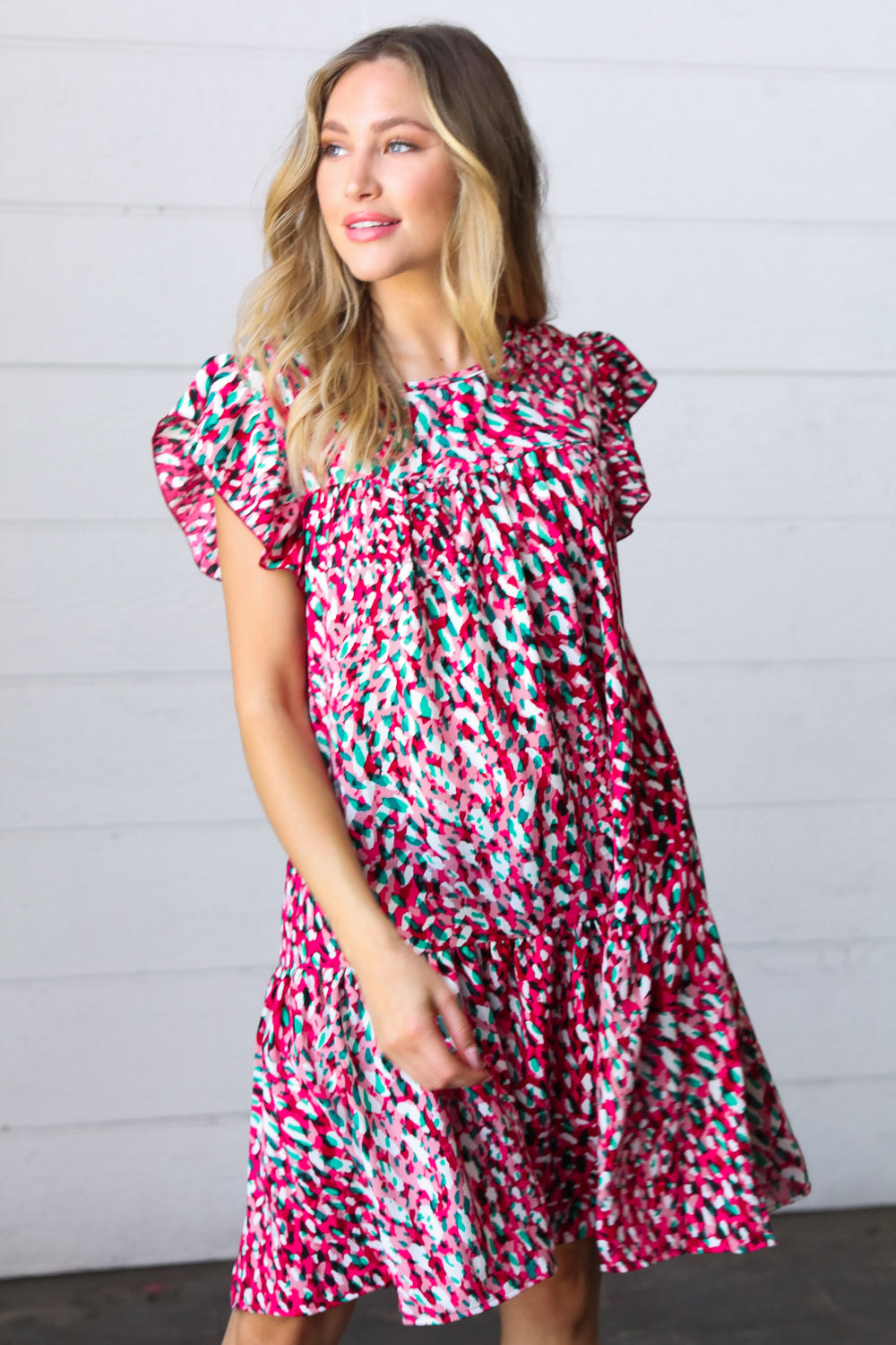 Fuchsia & Teal Abstract Dot Yoke Woven Dress