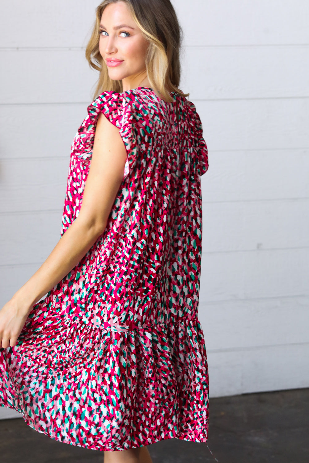 Fuchsia & Teal Abstract Dot Yoke Woven Dress