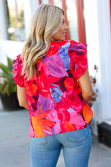 Red & Fuchsia Floral Smocked Ruffle Sleeve Top