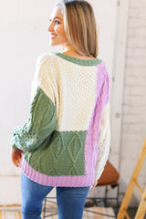 Ivory & Green Colorblock Cable Knit Sweater