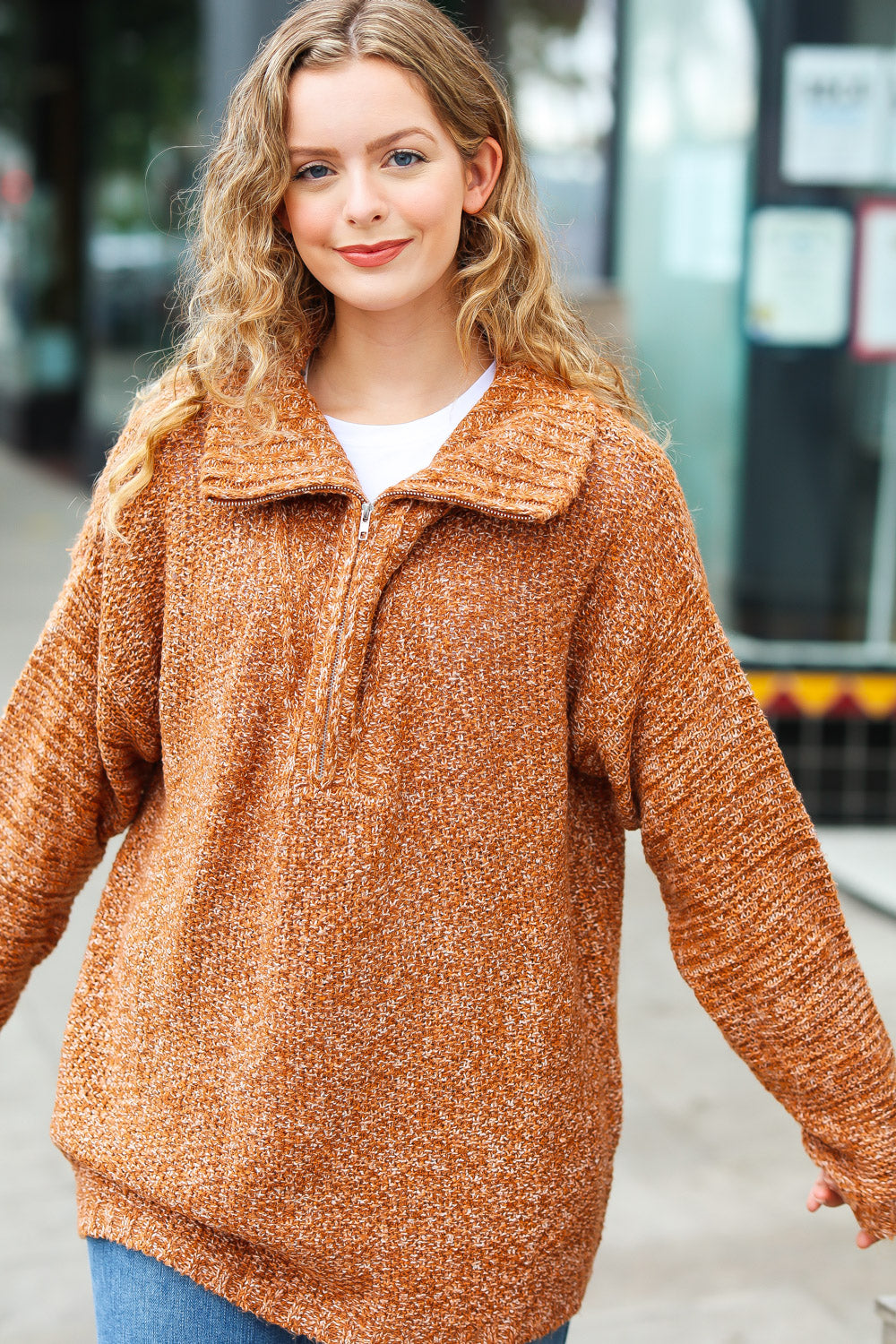 Perfectly You Rust Two Tone Half Zip Collared Knit Sweater