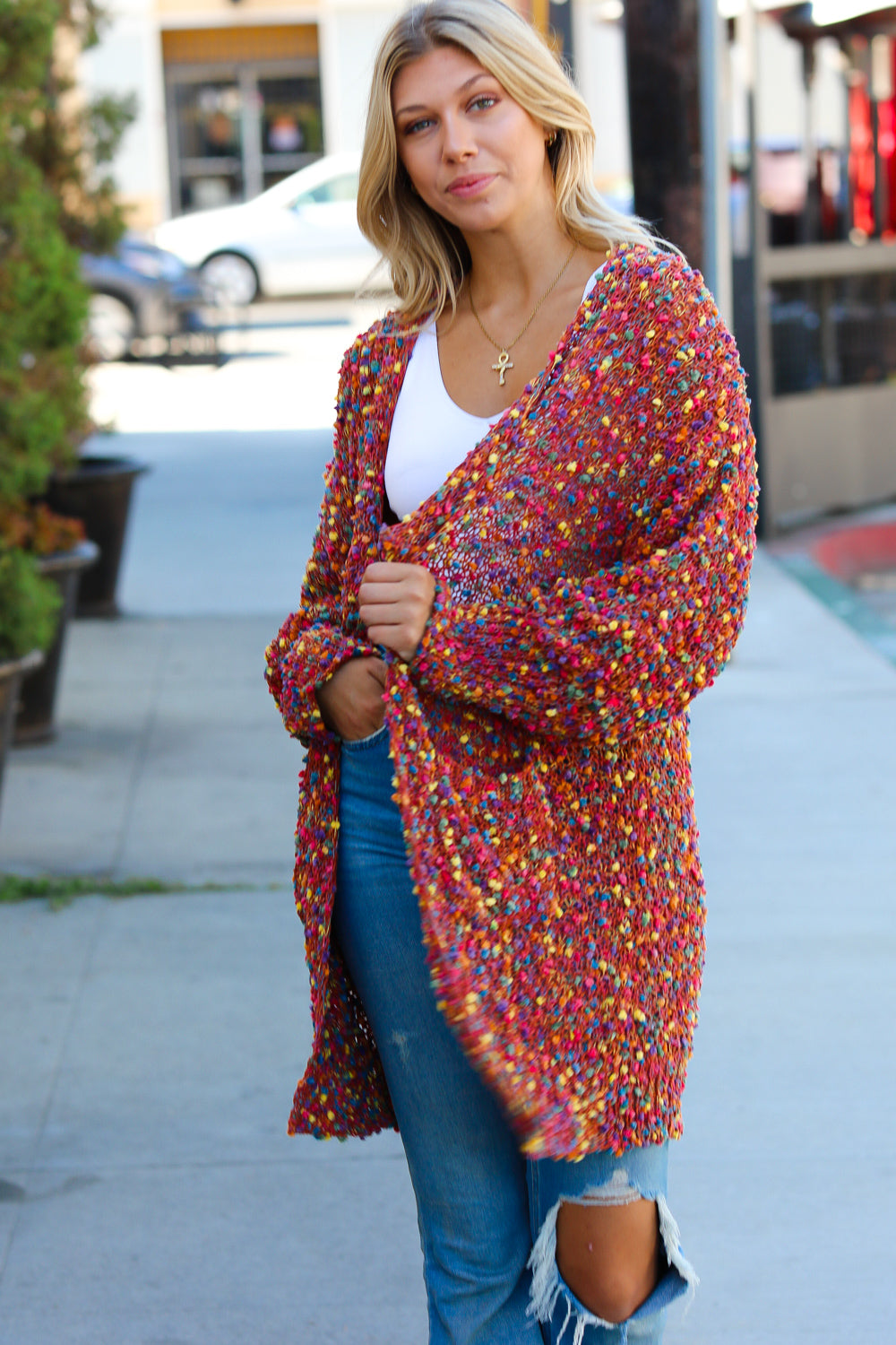 Rust Popcorn Long Sleeve Open Sweater Cardigan