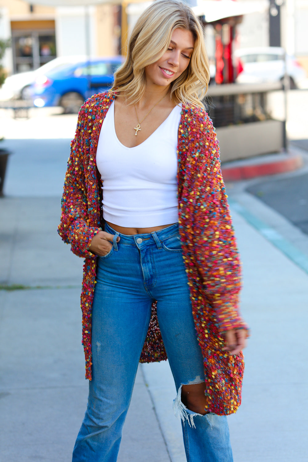 Rust Popcorn Long Sleeve Open Sweater Cardigan