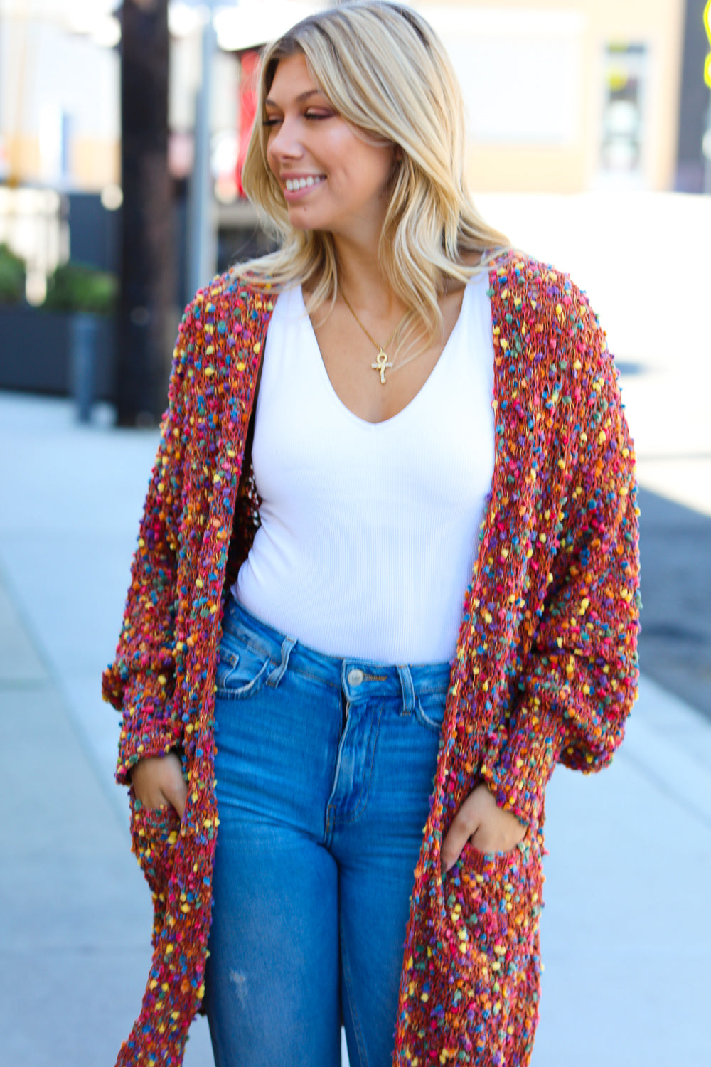 Rust Popcorn Long Sleeve Open Sweater Cardigan