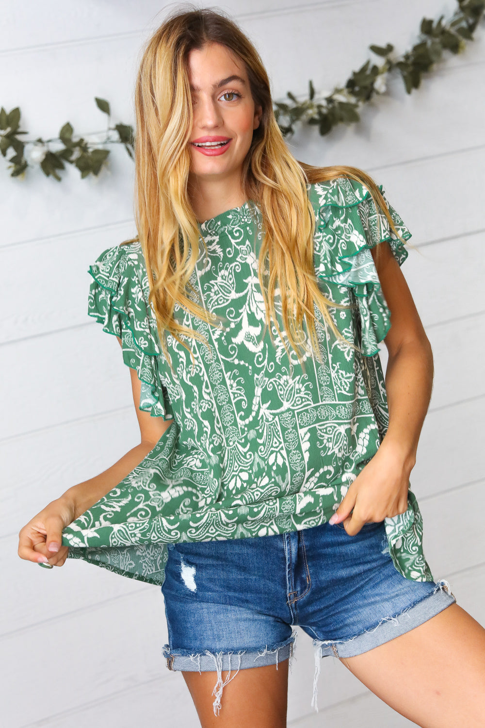 Boho Floral Mock Neck Double Flutter Sleeve Woven Top