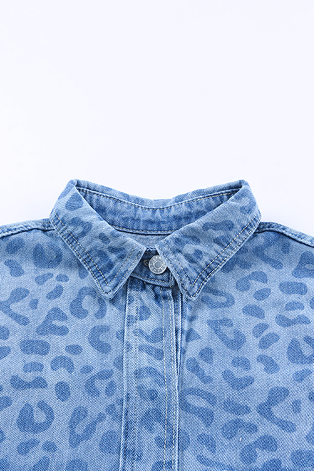 Sky Blue Oversized Leopard Denim Jacket with Pockets