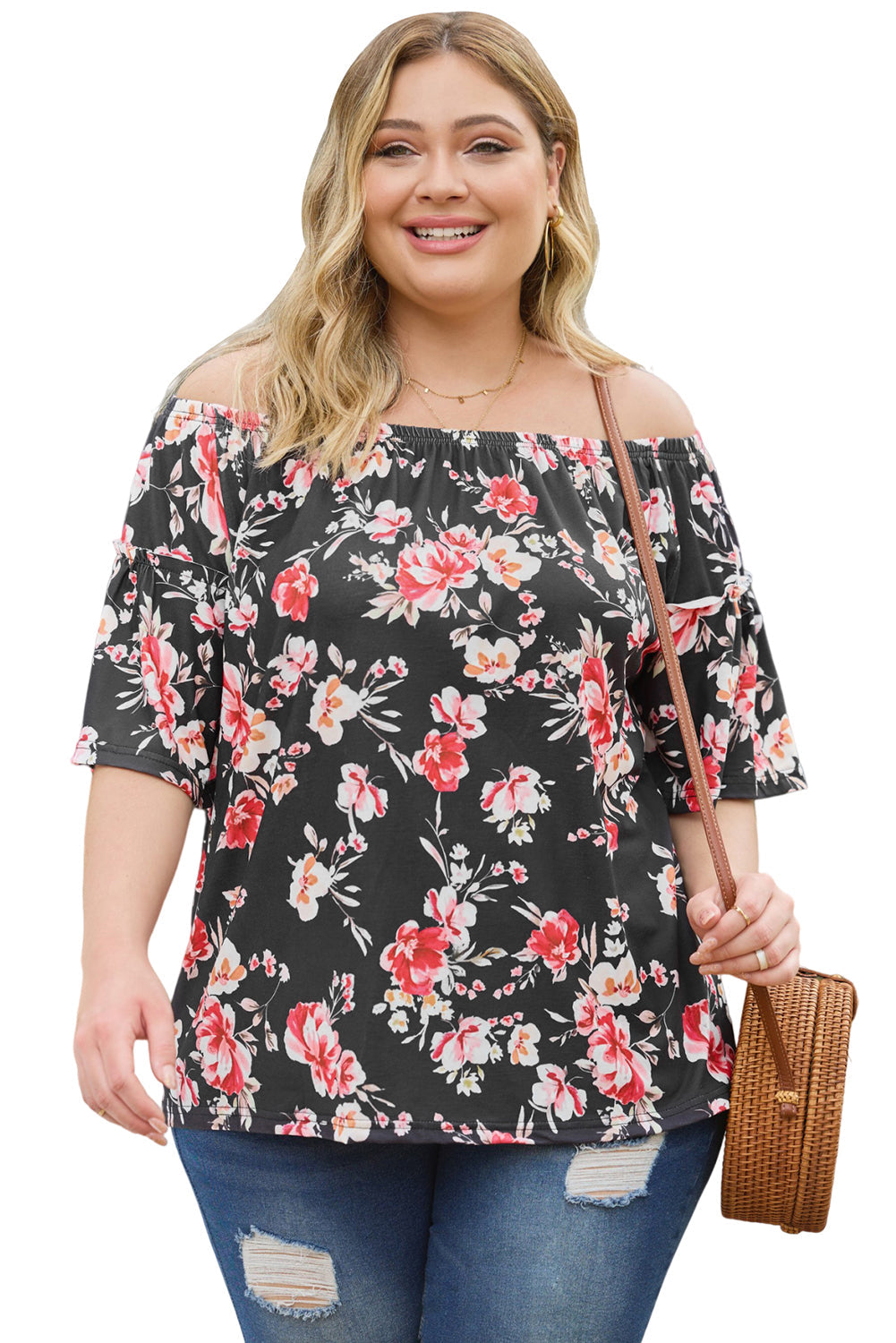 Black Floral Print Off Shoulder Plus Size Blouse