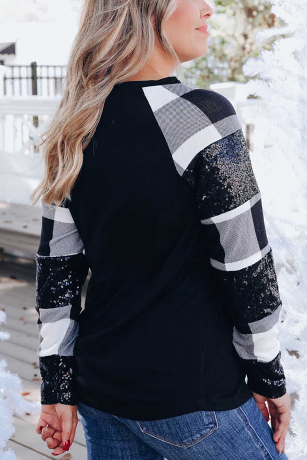 Black Sequin Plaid Patchwork Raglan Sleeve Top